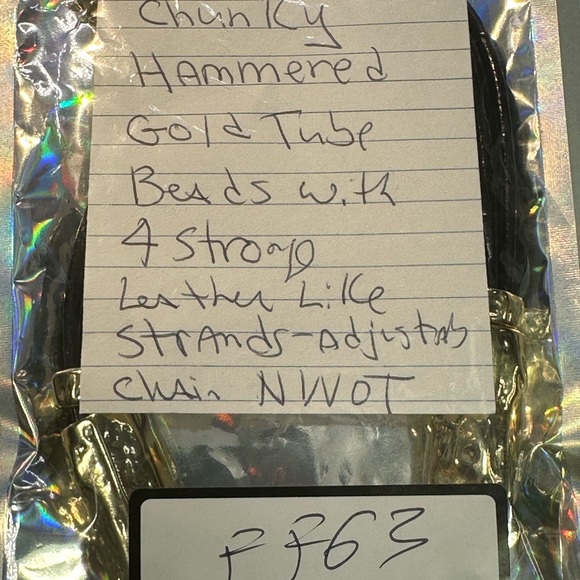 Chicos chunky hammered gold tube beads with four leather strands, NWOT - Picture 12 of 12